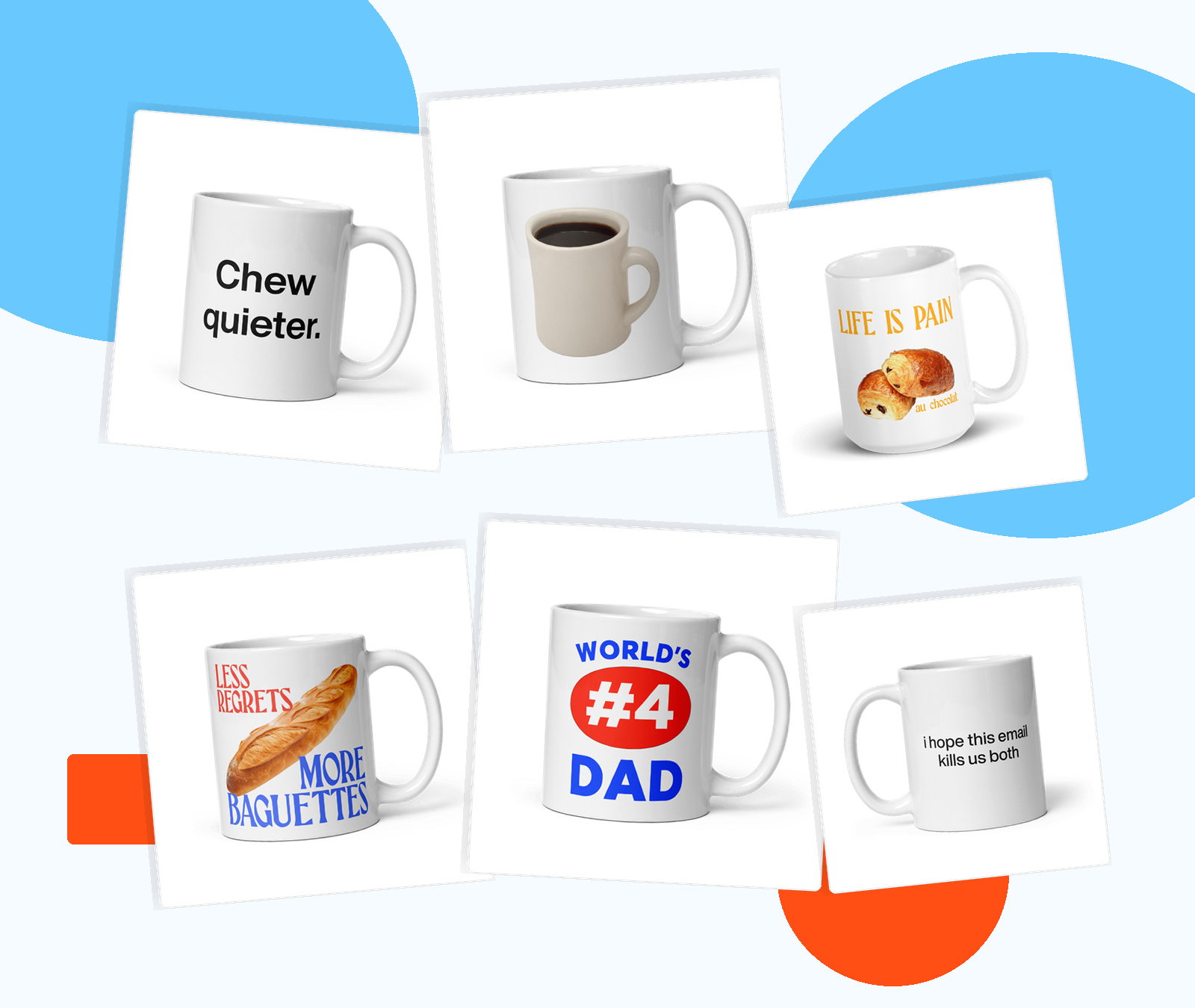 A collage of funny printed white coffee mugs